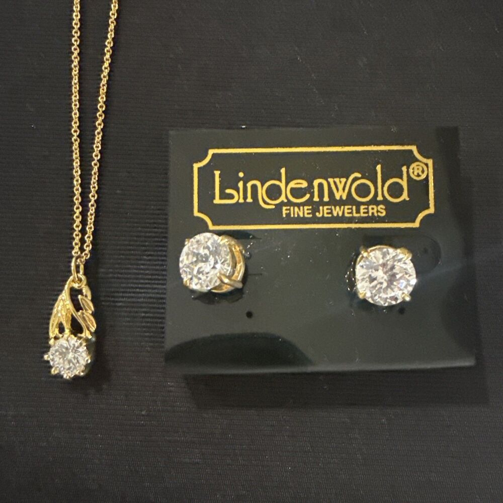 New Vintage Lindenwold CZ 14k Gold Plated GE Pendant Necklace & Earrings Set